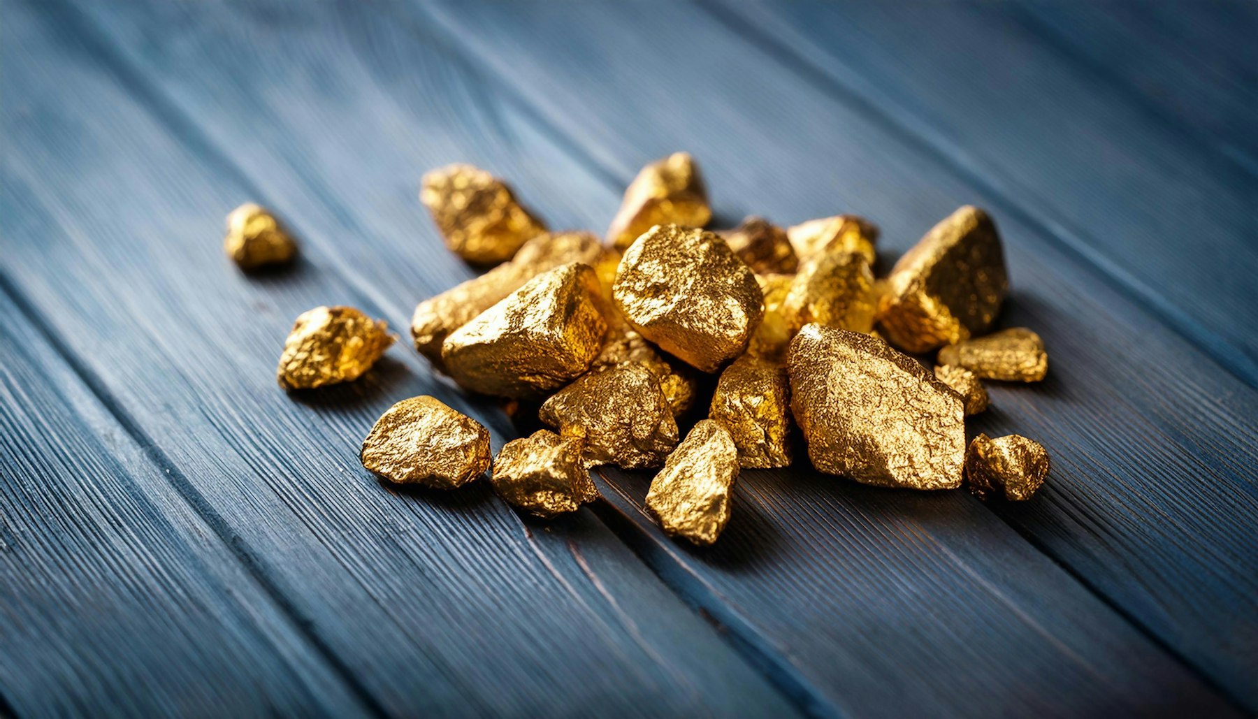 Gold nuggets resting on a wooden surface