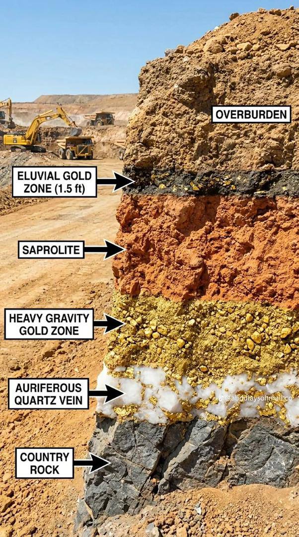 Pit wall in section: overburden over a thin eluvial gold zone, saprolite, a heavy gravity gold zone, an auriferous quartz vein and fresh country rock.